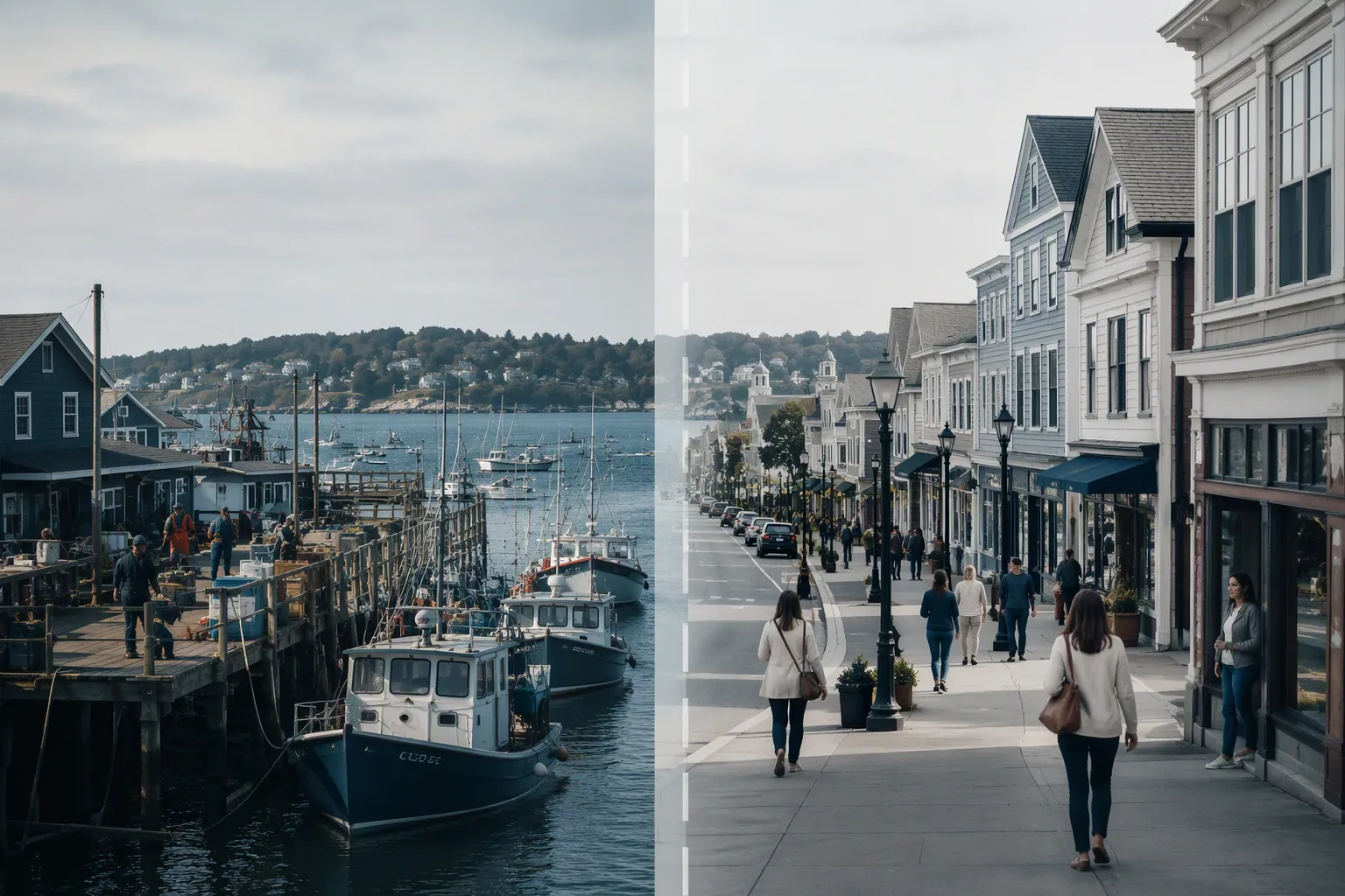 A split view of a busy waterfront harbor and a downtown shopping street in a coastal town