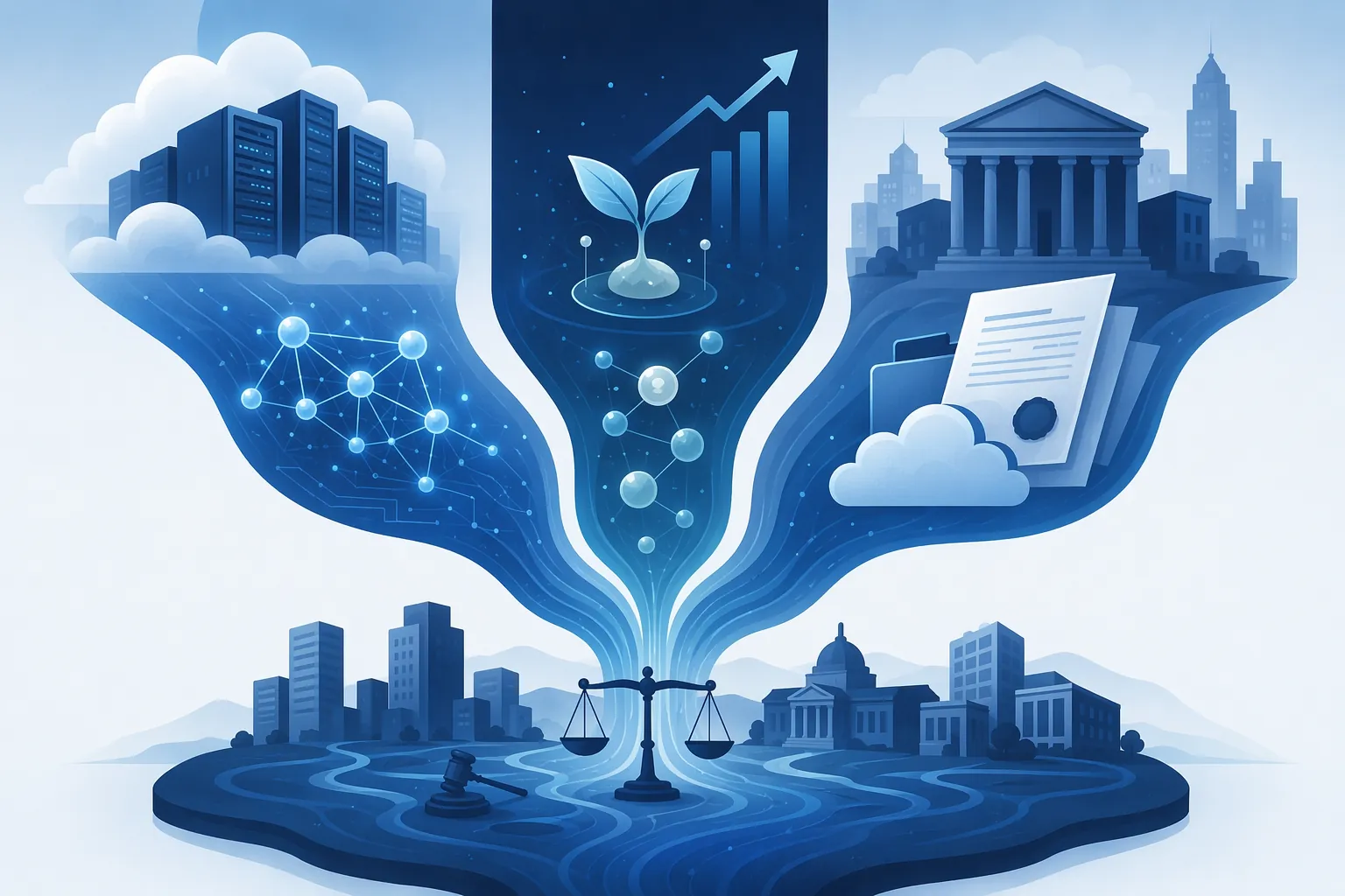 Three streams of cloud infrastructure, venture investment, and law firm deployment converging into a legal market landscape
