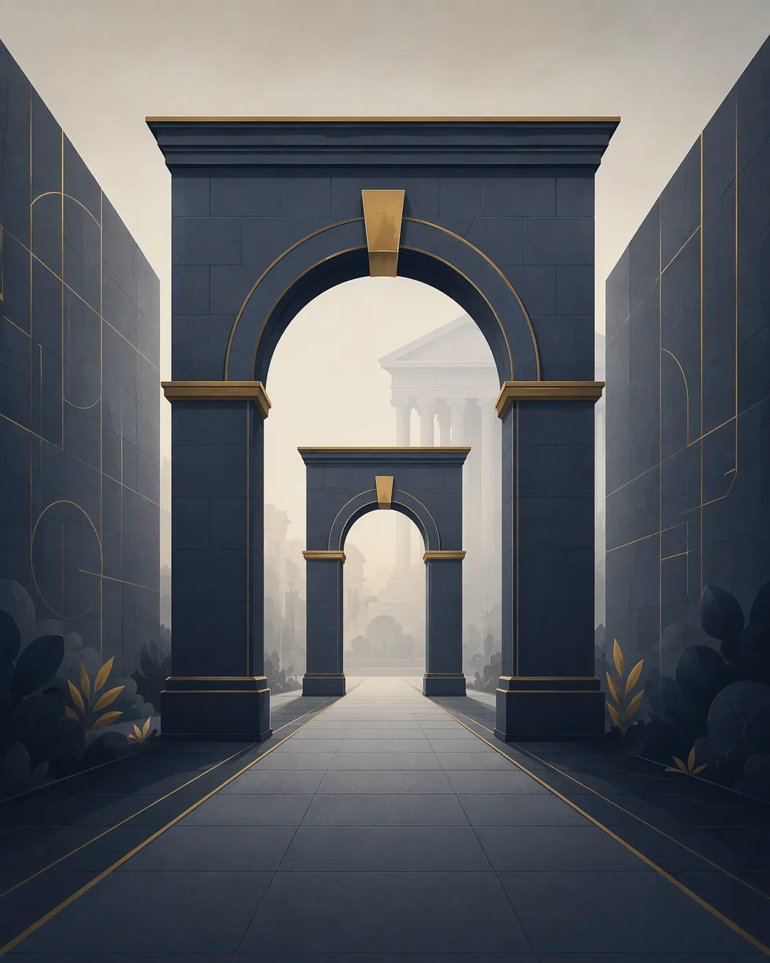 Two sequential courthouse-style archway gates symbolizing procedural checkpoints