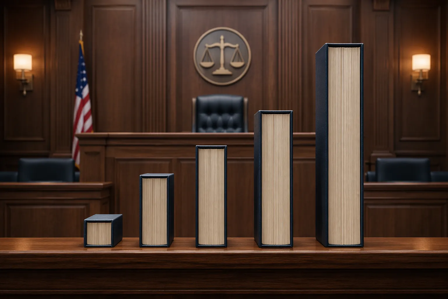Five legal binders of different heights arranged on a judge's bench