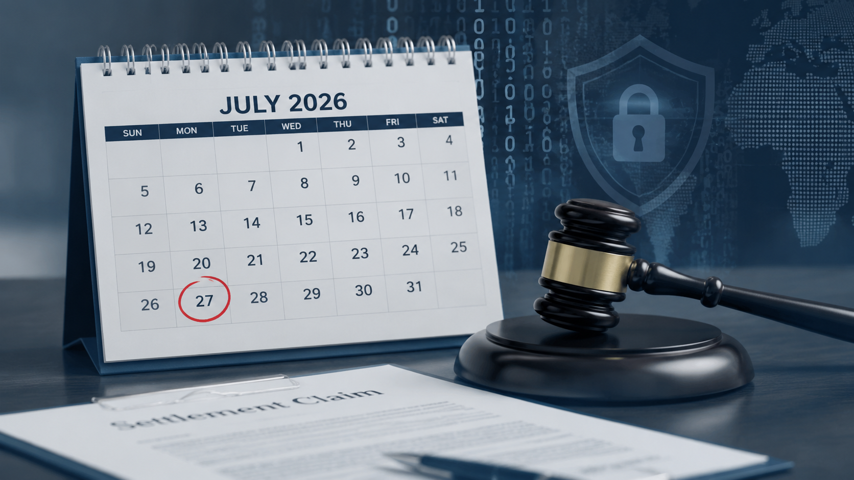 Calendar showing July 27, 2026 circled beside a gavel and data security background