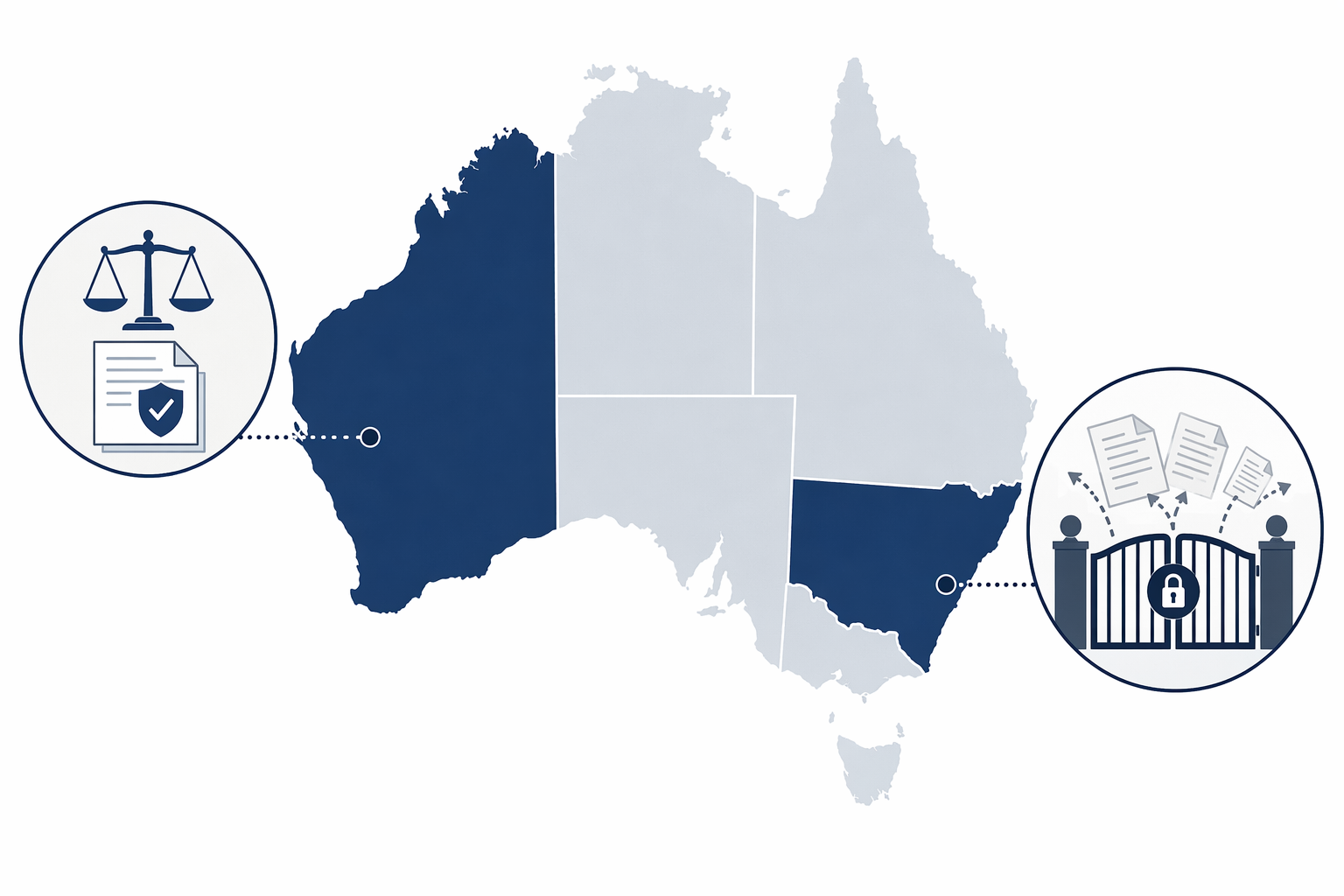 Map of Australia comparing New South Wales and Western Australia defamation law thresholds