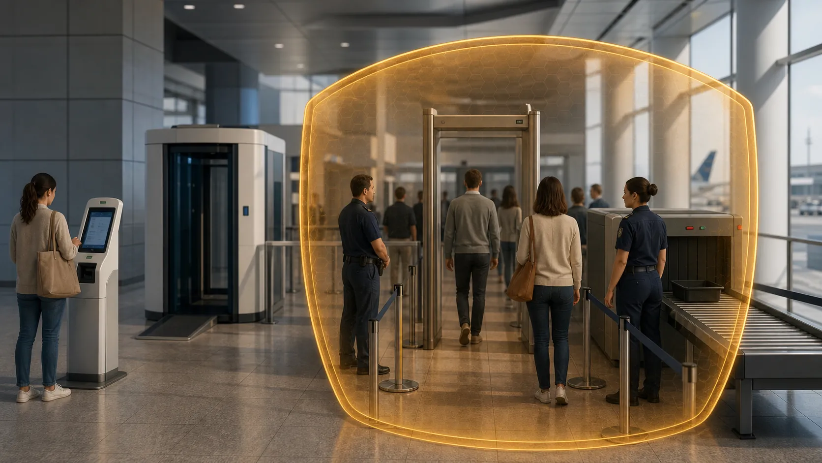 Airport security checkpoint with a translucent shield covering officers and screening equipment while an automated kiosk sits outside the shield