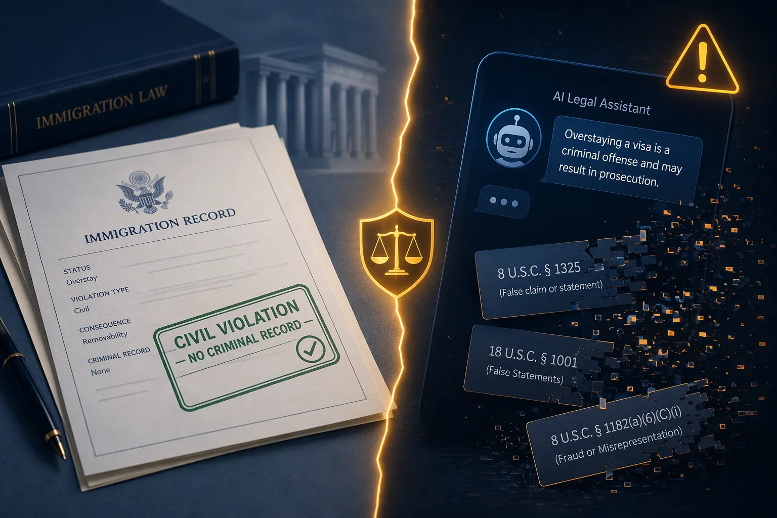 Split editorial scene showing a civil-violation immigration document beside an AI chatbot interface with fractured hallucinated citations