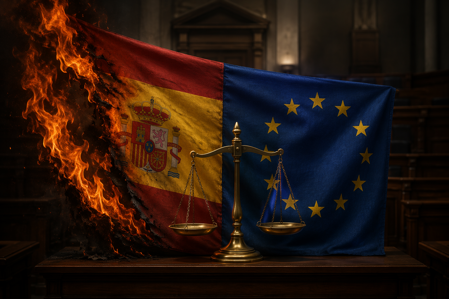 Spanish flag burning beside legal scales and European symbols