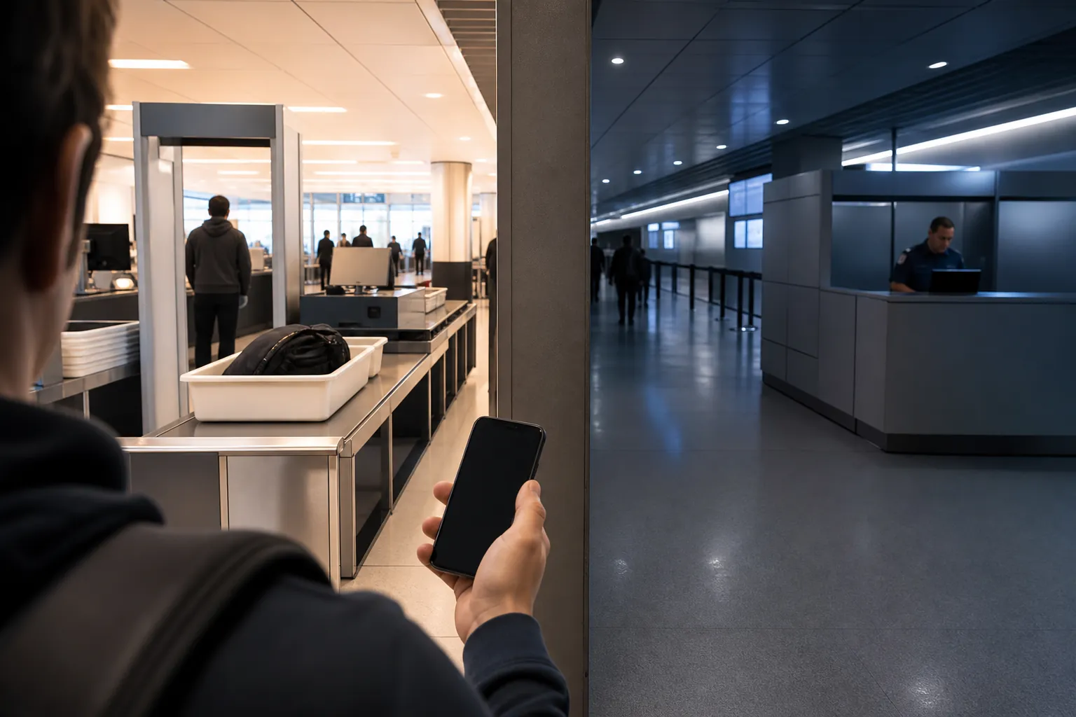 Airport departure hall split between a TSA-style security checkpoint and an international arrivals counter, with a traveler holding a smartphone in the foreground