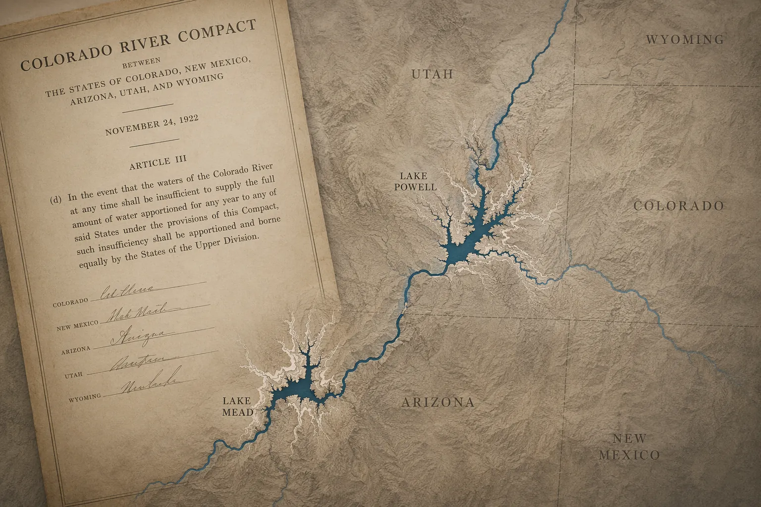 Vintage legal document over a topographical map of the American Southwest with the Colorado River, Lake Powell, and Lake Mead highlighted