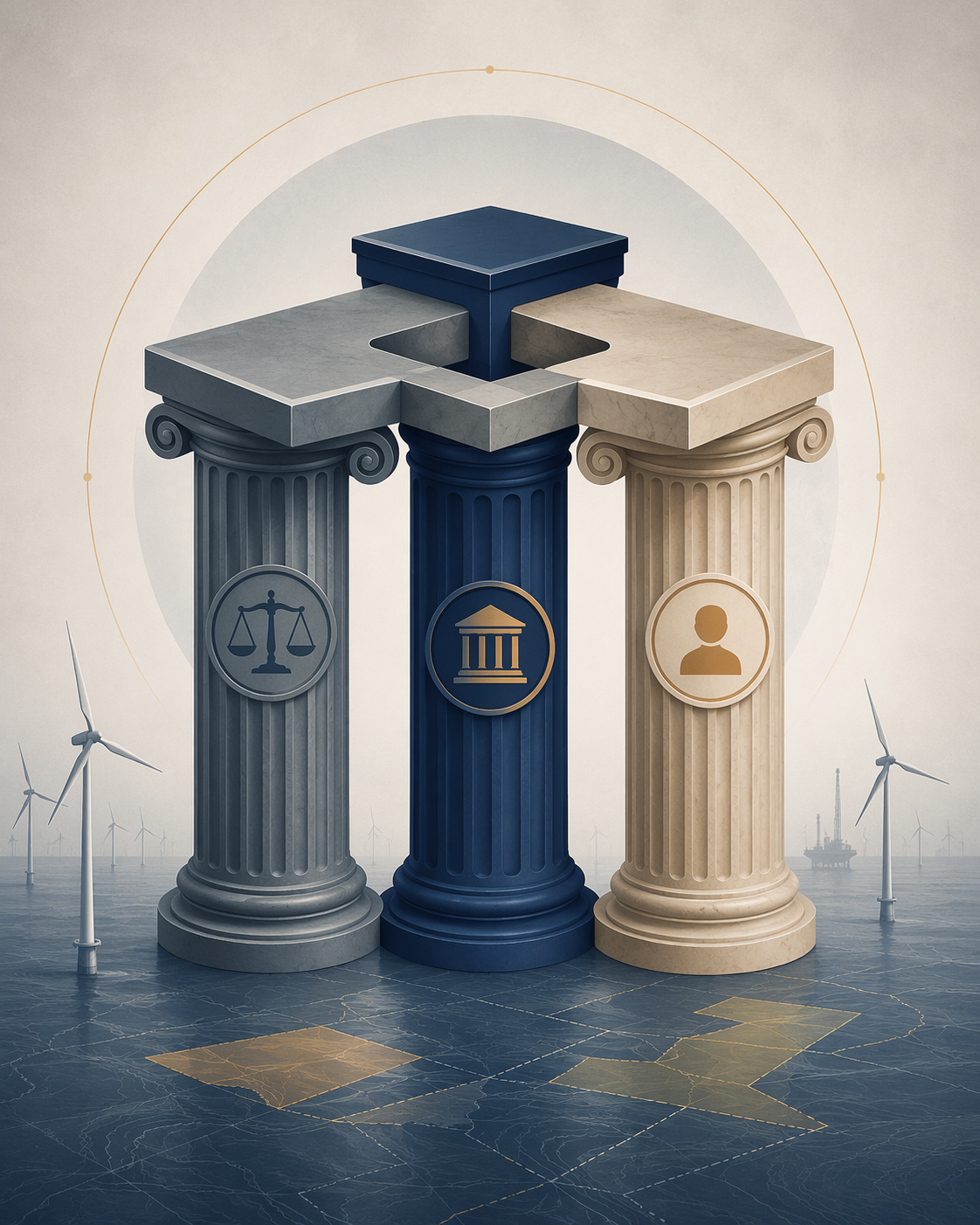 Interlocking legal pillars labeled APA, OCSLA, and Due Process above offshore wind lease areas