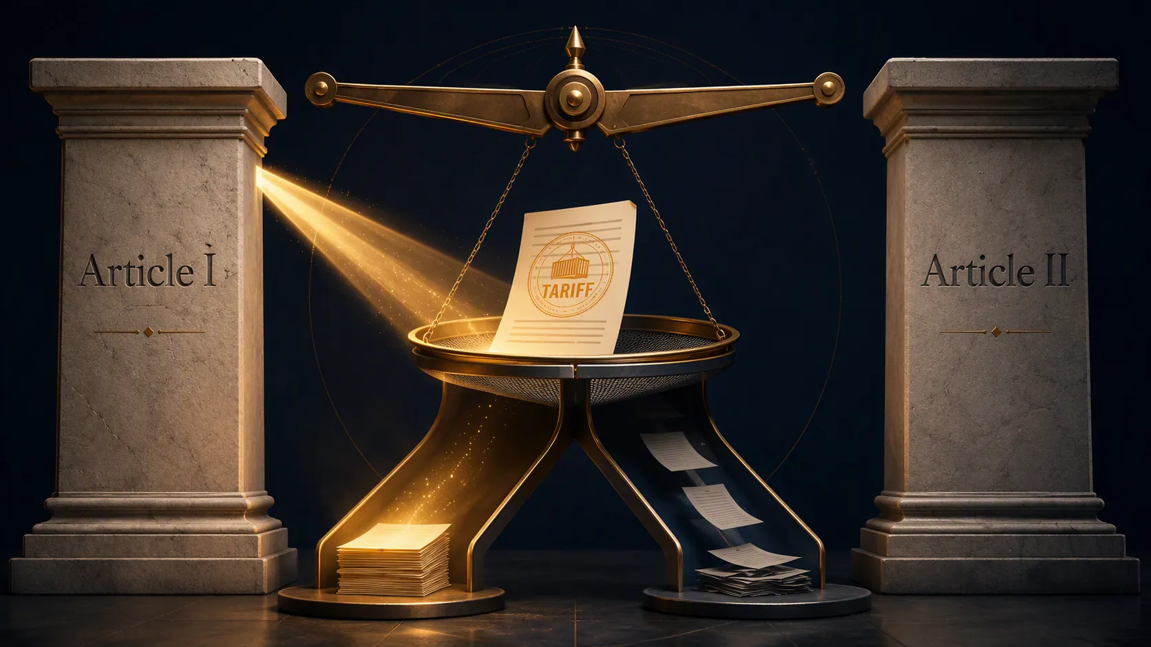 Editorial illustration of Article I and Article II pillars with a tariff document being sorted on a scale