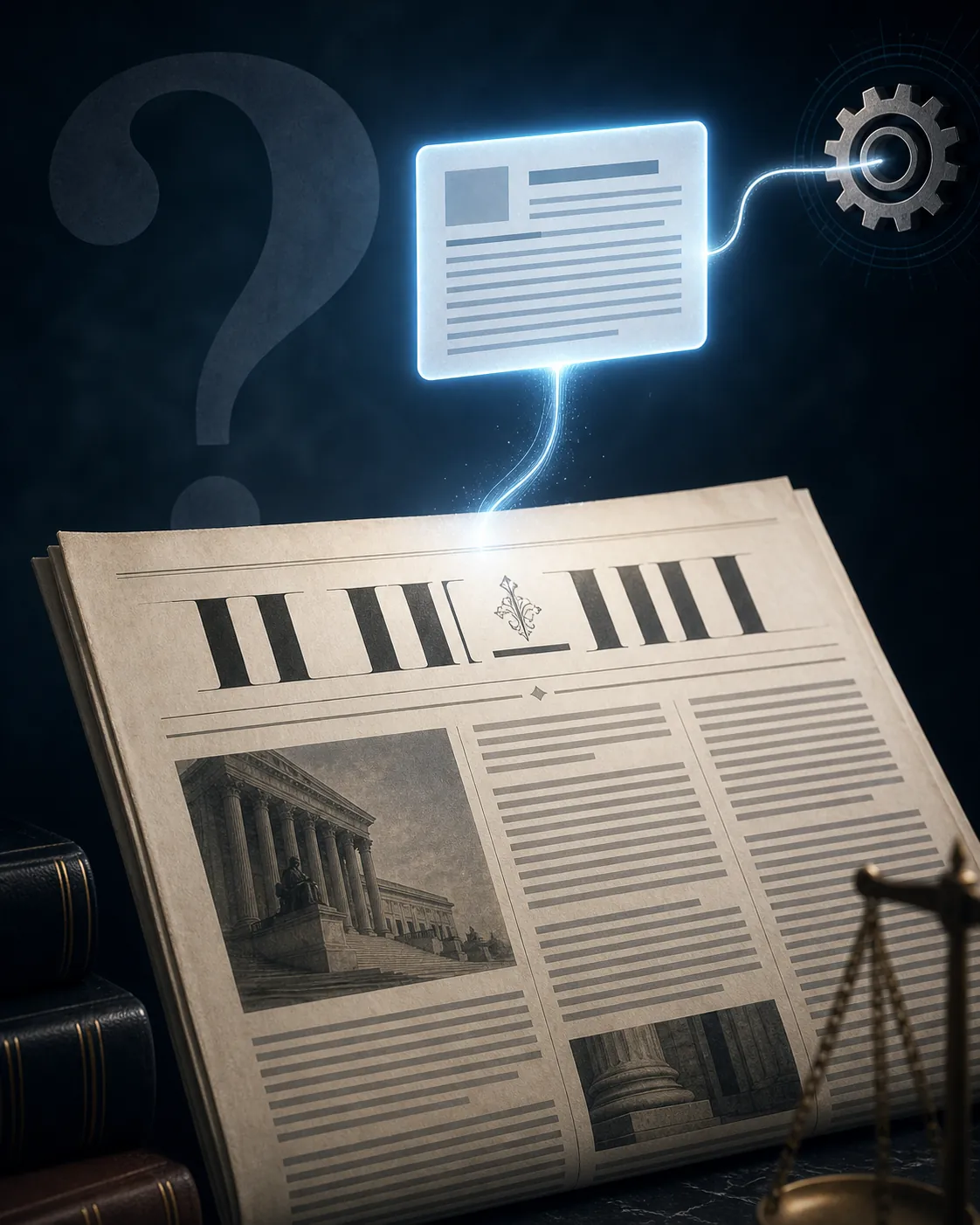 Editorial illustration of a newspaper front page with a glowing AI answer card hovering above it