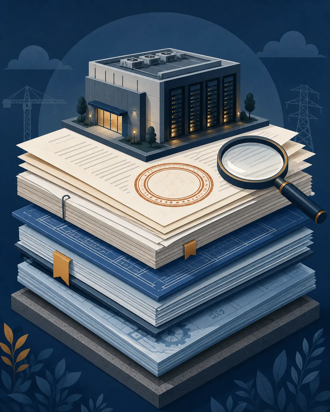 Permit documents and technical sheets under a data center icon with a stamp and magnifying glass