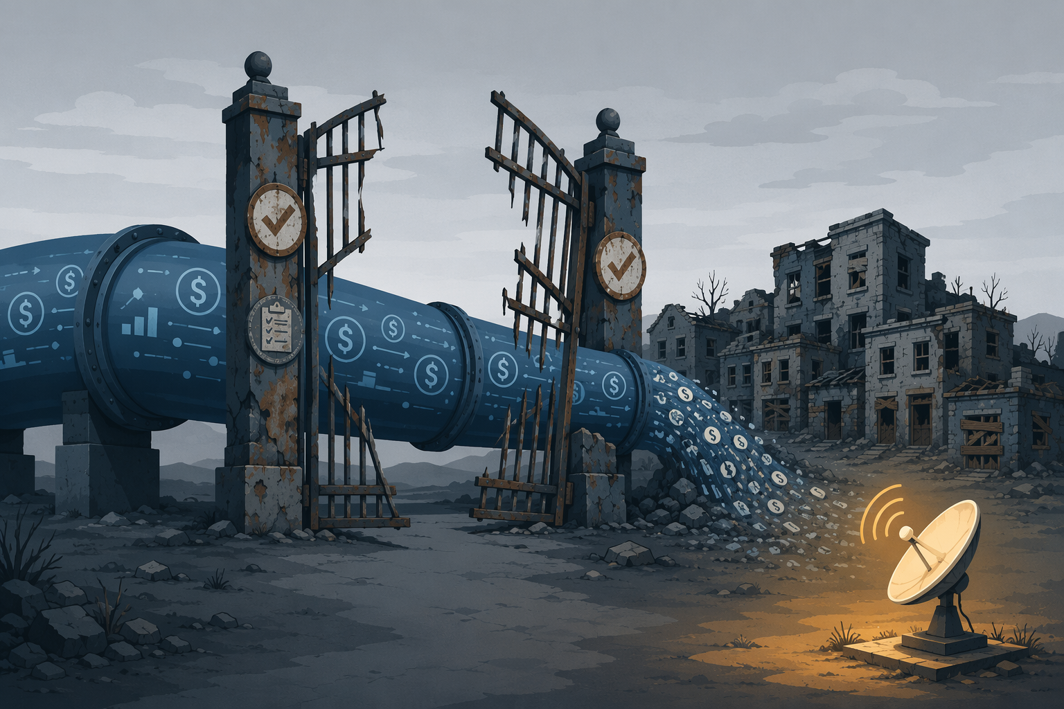 Illustration of a government funding pipeline bypassing a broken audit checkpoint and flowing toward abandoned buildings while a satellite dish sits off to the side