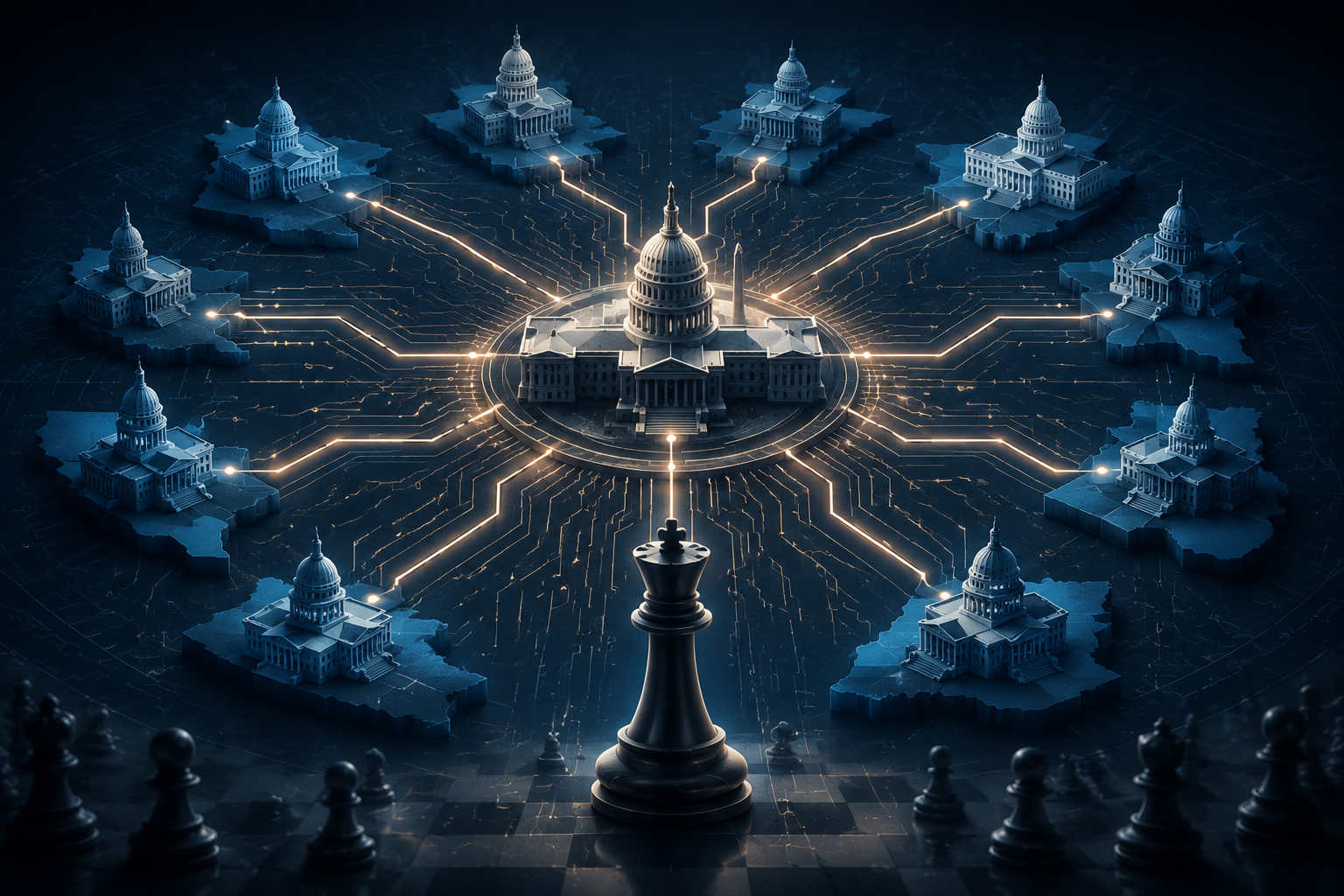 Interconnected state capitols radiating from a central federal building with circuit-like lines and chess-piece motifs