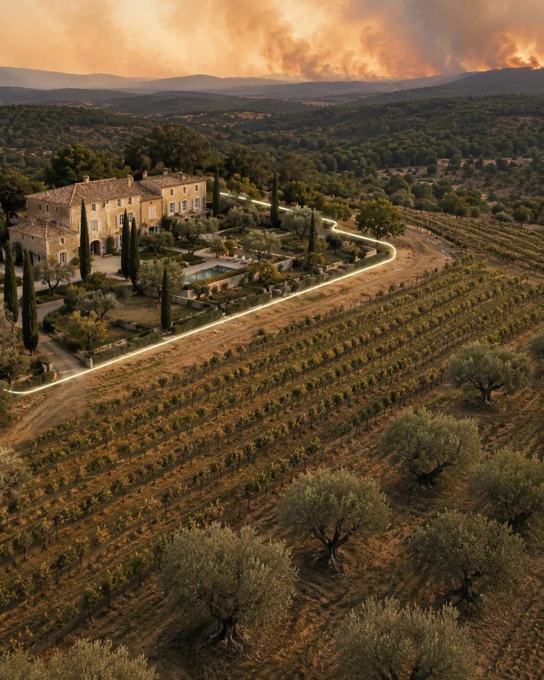 Illustration of a Provençal bastide inside an insurance boundary while vineyards and olive trees extend outside it under smoky skies