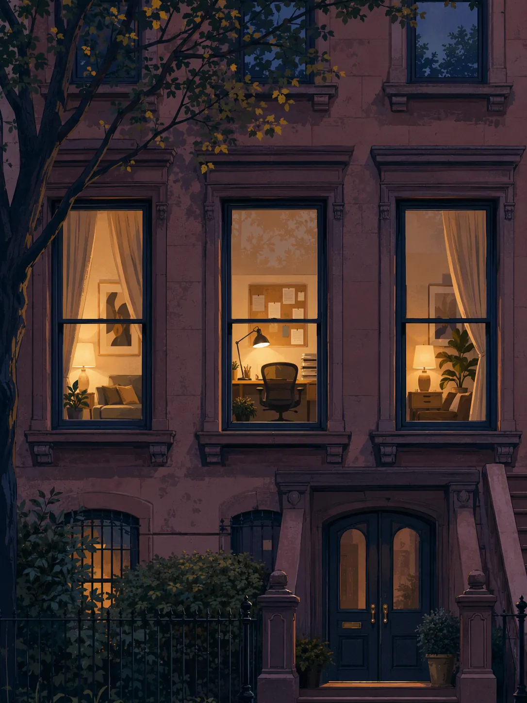 Brooklyn brownstone with a ground-floor home office visible among residential rooms