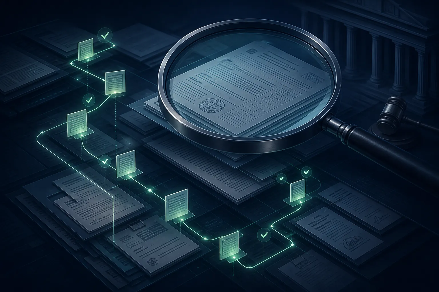 Magnifying lens inspecting docket sheets and orders with a visible audit trail