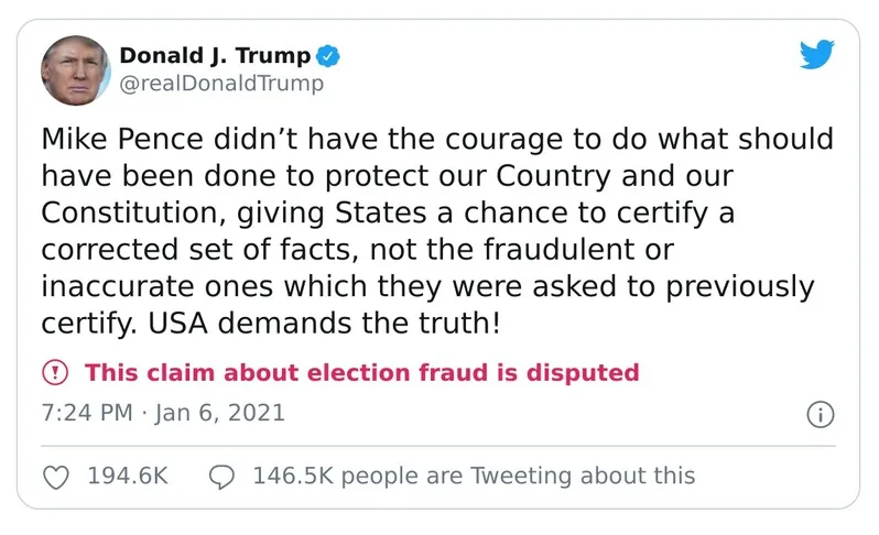 Archived screenshot of Donald Trump’s January 6, 2021 tweet about Mike Pence with a 2:24 p.m. ET timestamp