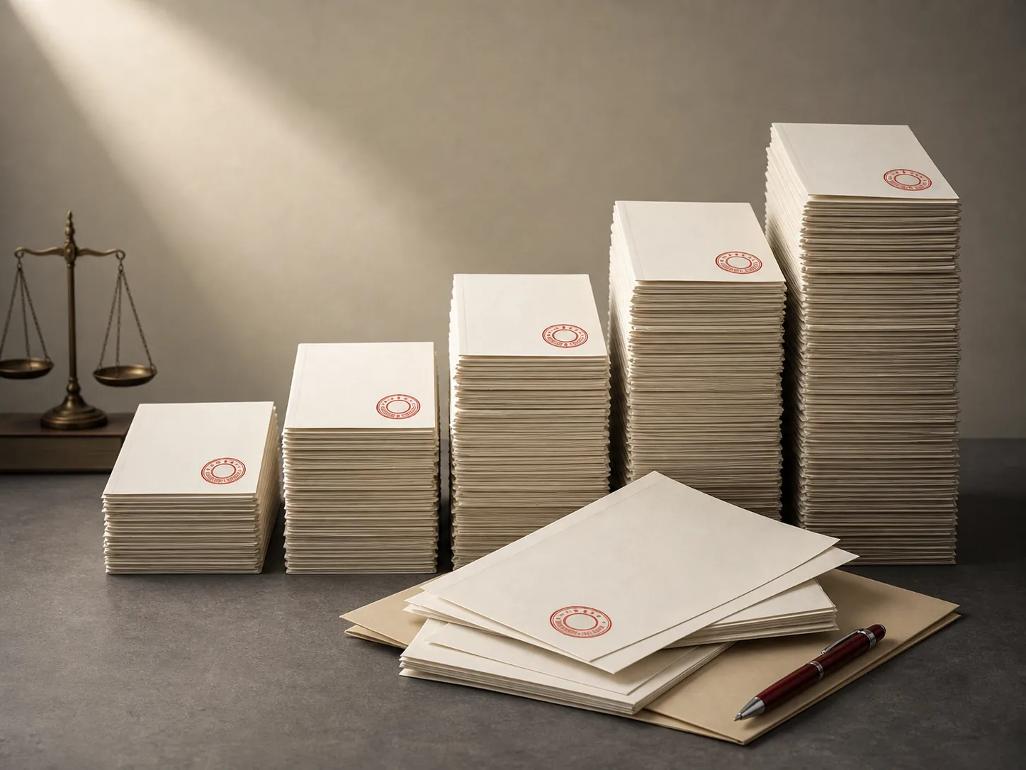 Stacked official documents with red compliance stamps rising like steps