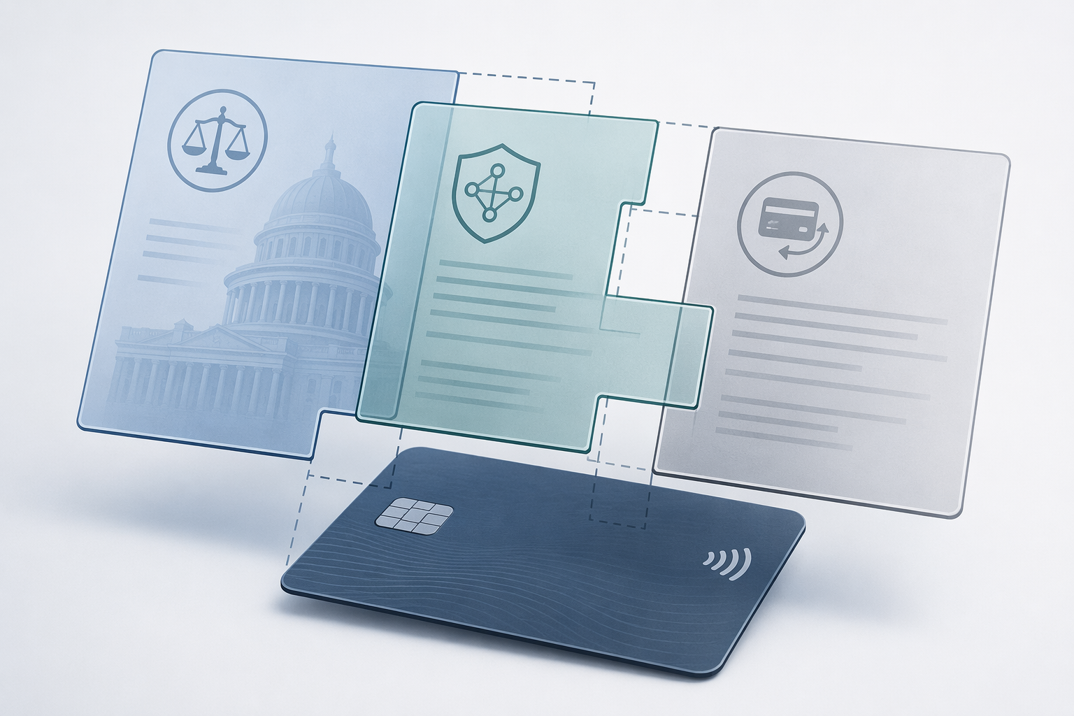 Layered legal document panels with gaps over a contactless credit card icon
