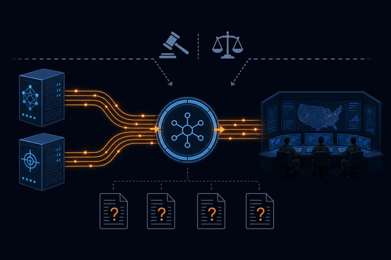 Data pipeline diagram showing AI targeting systems feeding a central data-fusion node and a US military command center with incomplete legal vetting symbols