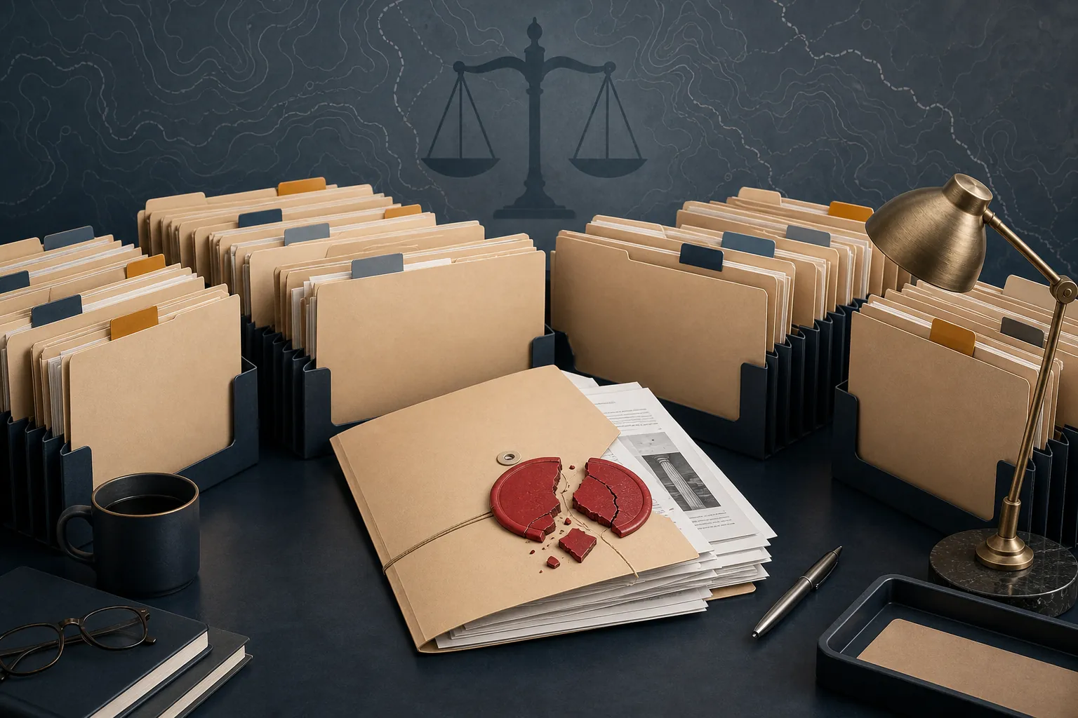 Multiple legal case files surrounding an open folder with a broken confidentiality seal