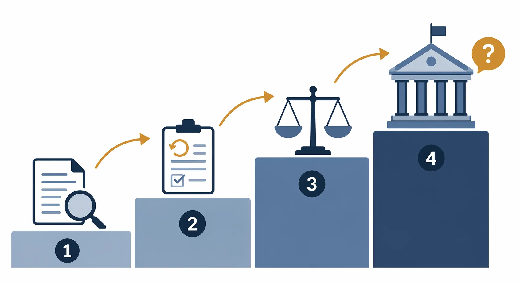 Escalation ladder illustration showing document review, reconsideration form, ombudsman icon, and government caseworker help