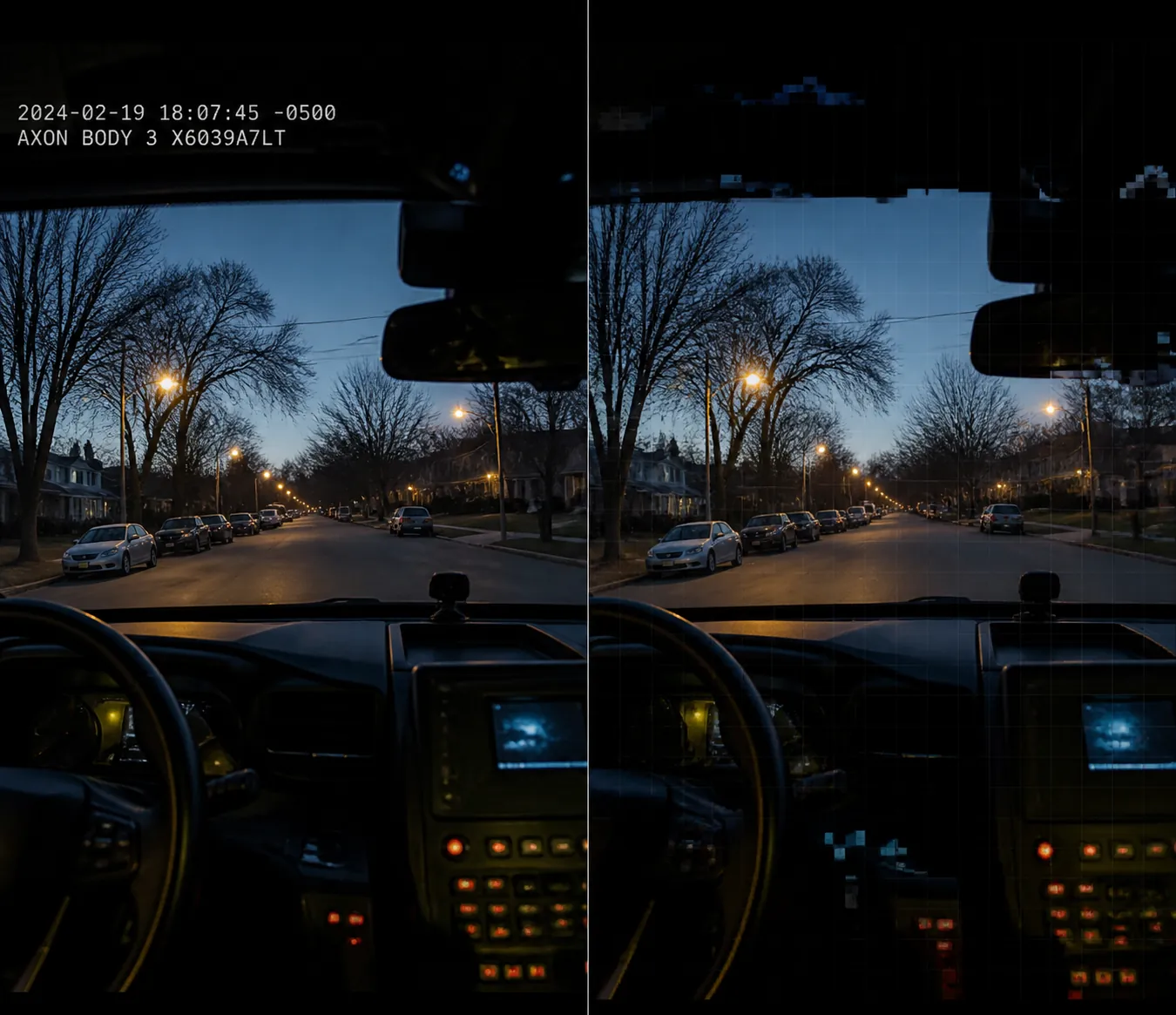 Split police bodycam-style scene comparing a clear recording with a digitally altered version