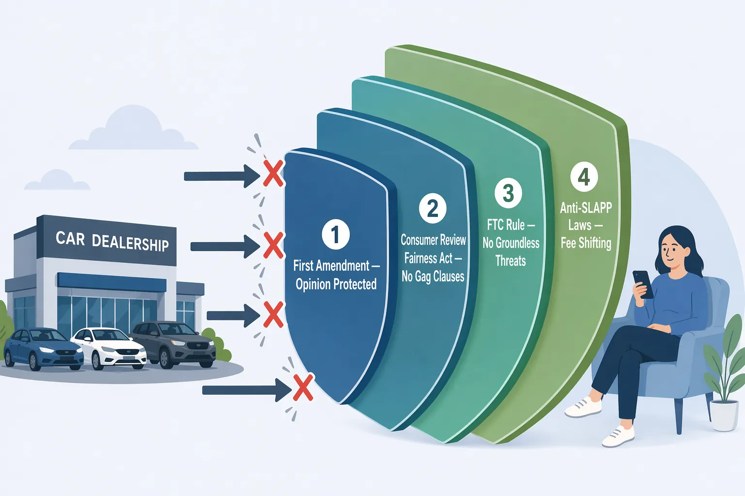 Four legal shields labeled First Amendment, Consumer Review Fairness Act, FTC Rule, and Anti-SLAPP Laws