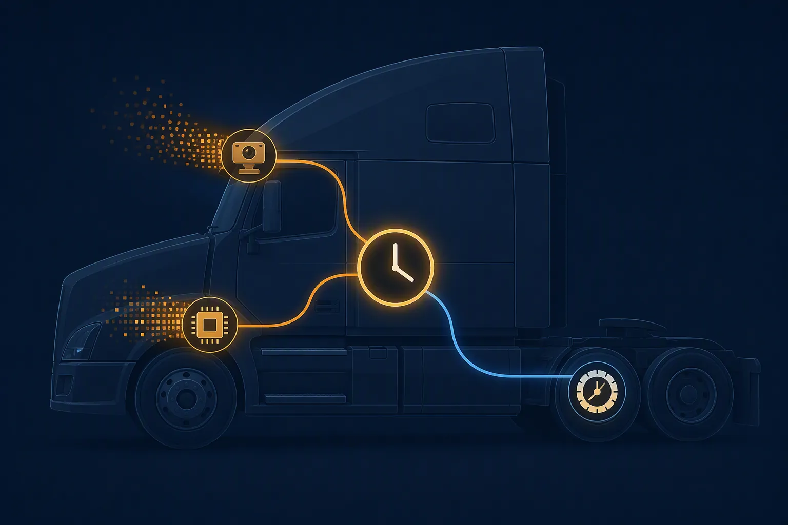 Infographic showing semi-truck dashcam, ECM, tire pressure sensor, and clock icons connected by fading data lines