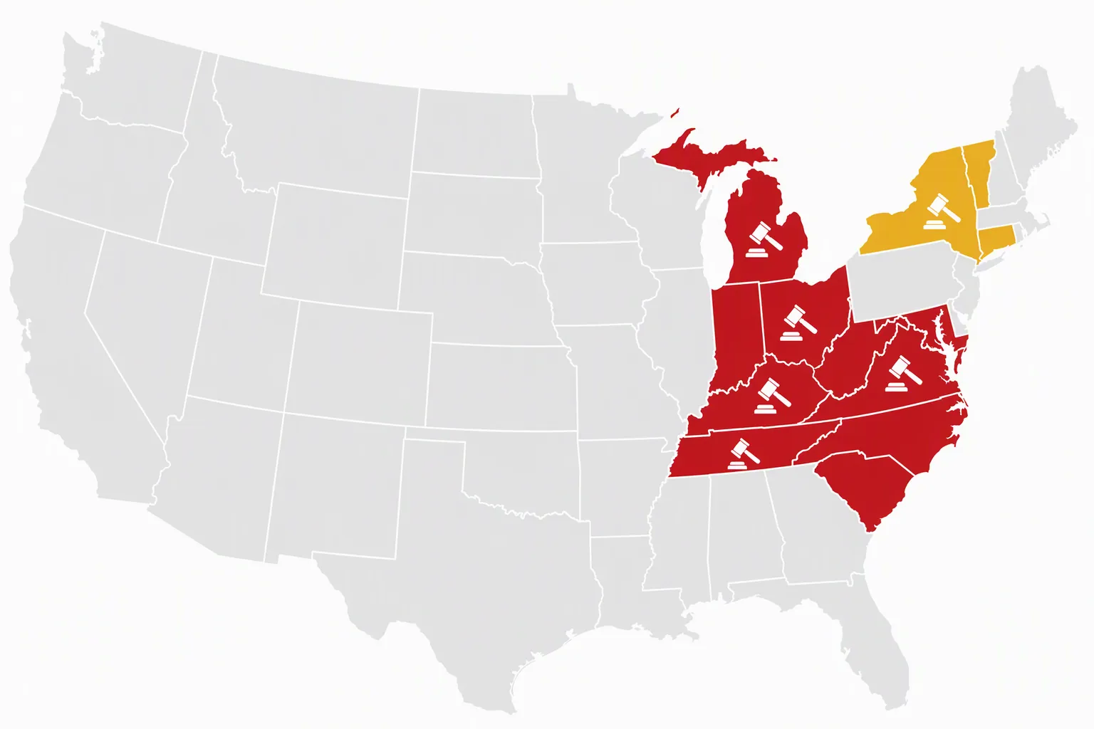 Map showing Fourth and Sixth Circuits aligned and Second Circuit as divergent