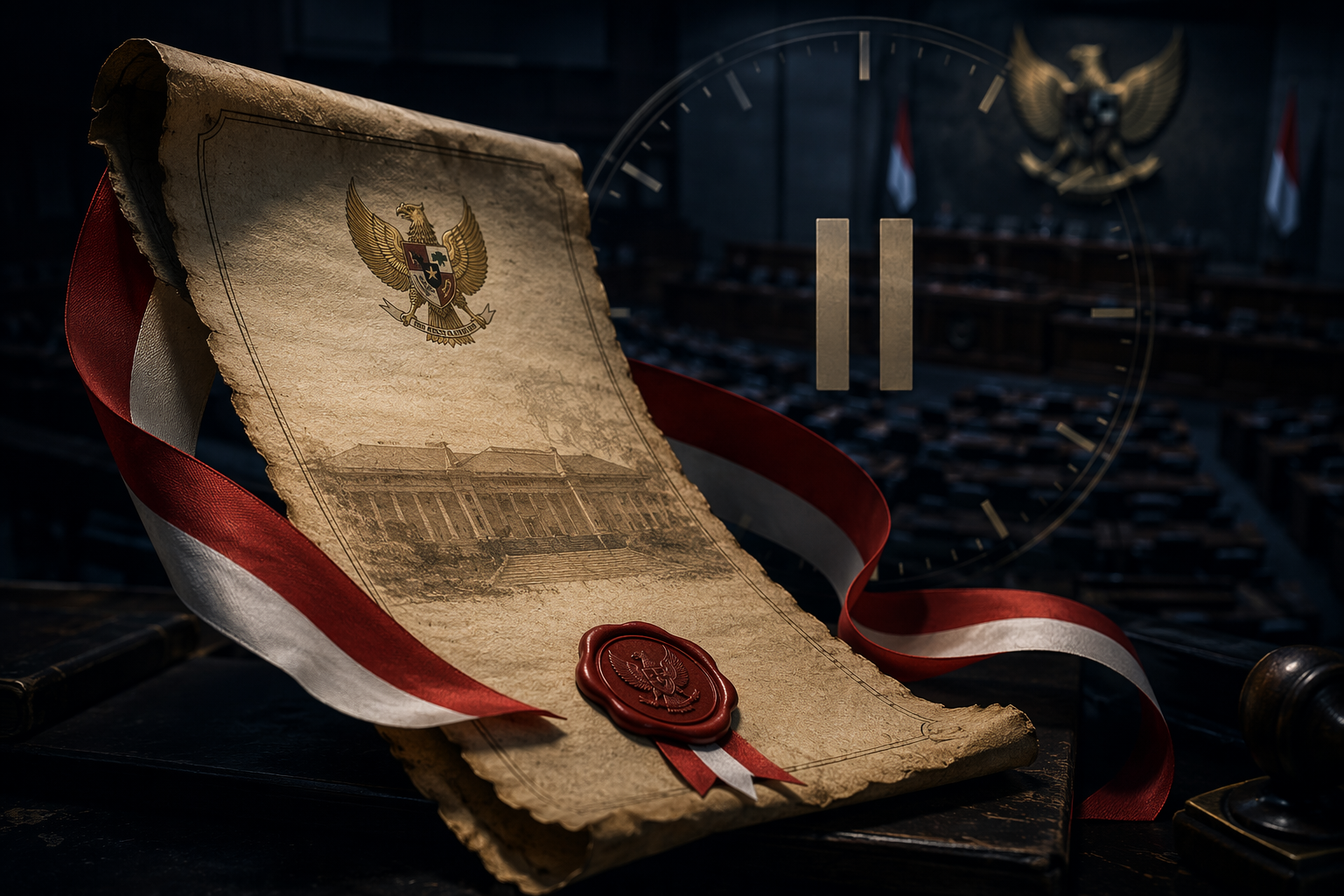 An official-looking Indonesian legislative document with a wax seal and red-and-white ribbon, partially unfurled, with a pause element and a shadowed parliamentary chamber behind it.