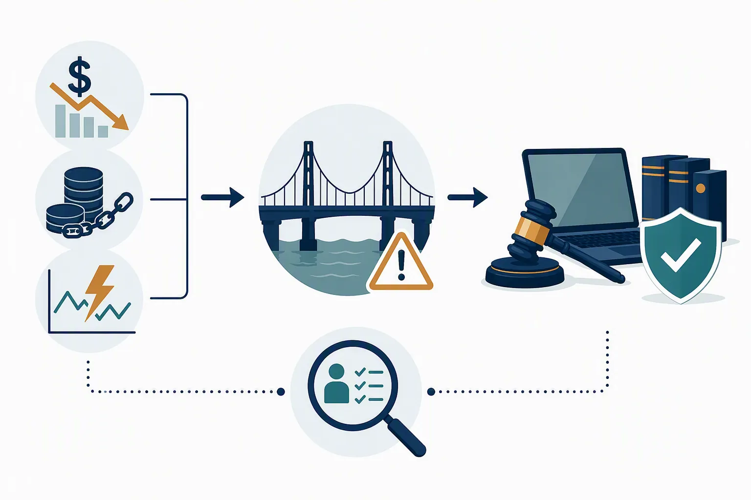 Financial stress icons flowing through an infrastructure bridge into law-firm risk and diligence symbols