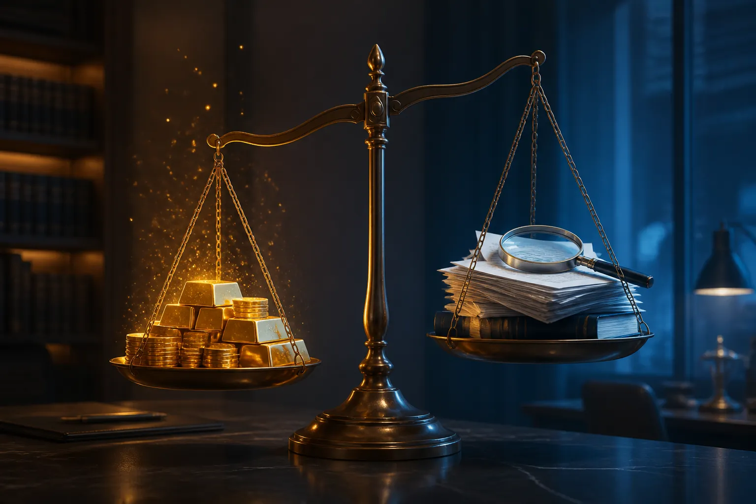 Balanced scale weighing capital against legal verification burden