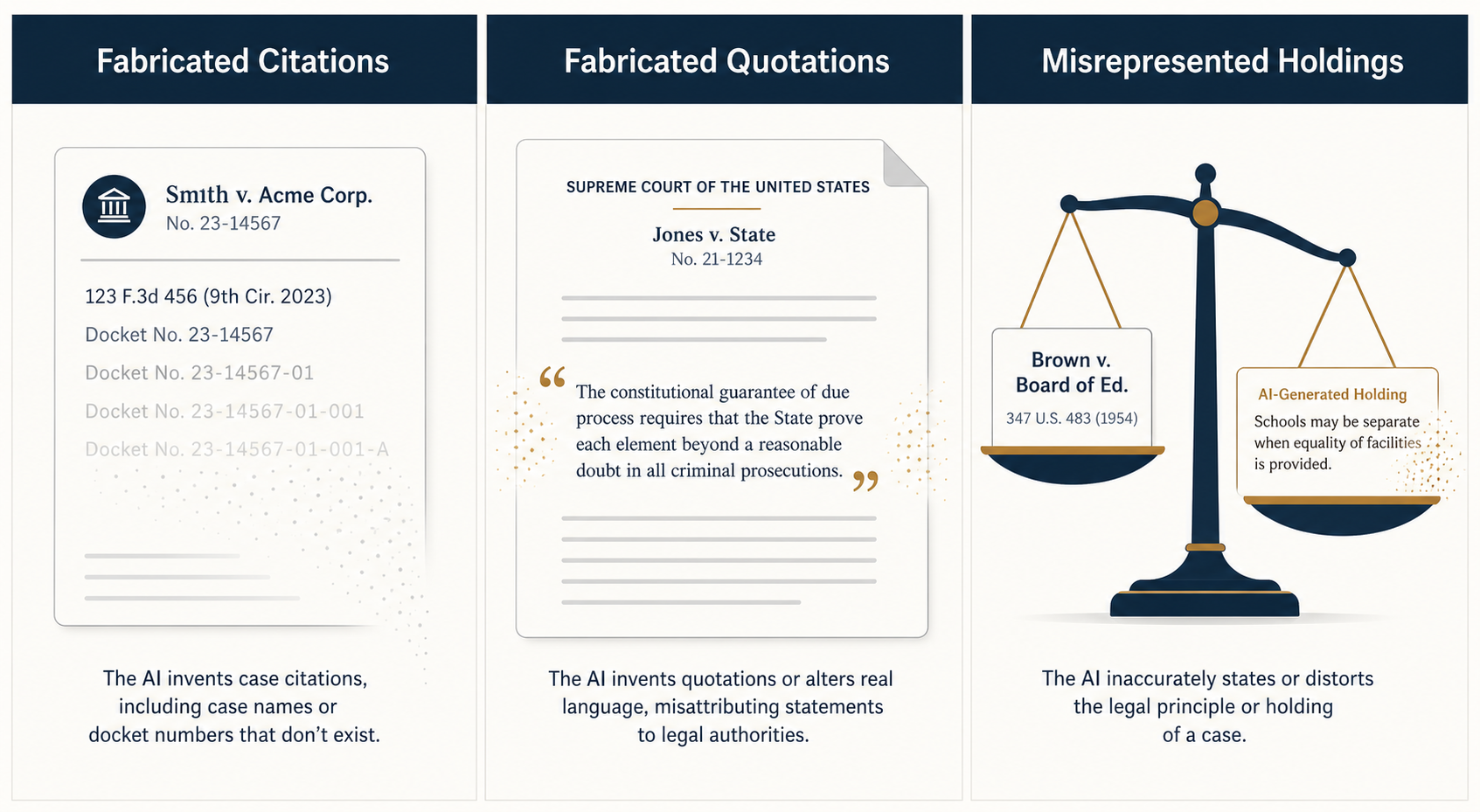 Three horizontal columns showing the three categories of legal AI hallucinations: 'Fabricated Citations' with phantom docket numbers fading to transparency, 'Fabricated Quotations' with quotation marks around dissolving text, and 'Misrepresented Holdings' with a scales icon next to distorted holding text.