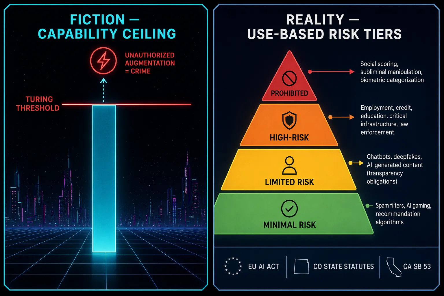 Two-panel comparison diagram showing a fictional Turing threshold beside real-world AI risk tiers