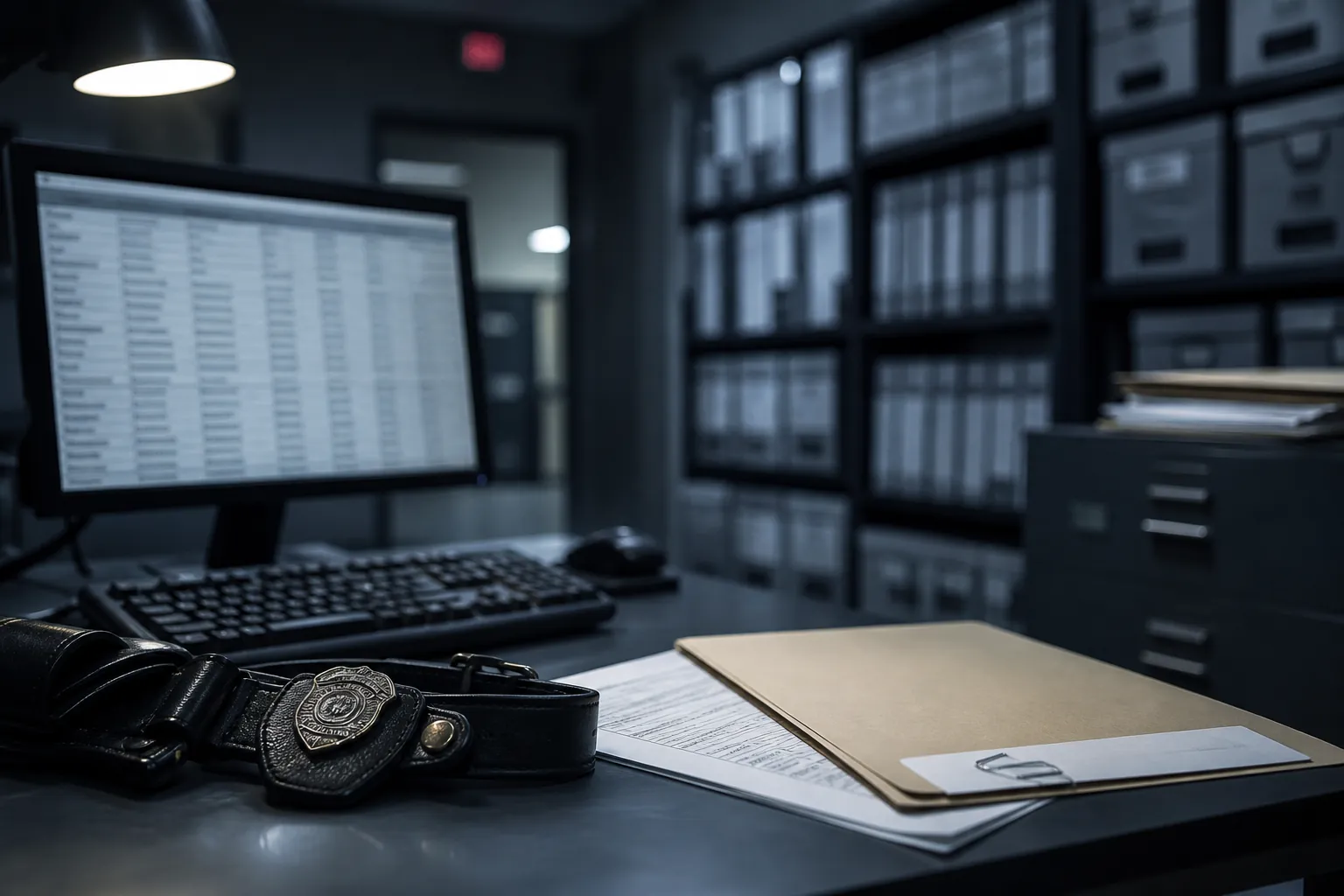 Dimly lit police records room with blurred database entries and a disciplinary file folder on a desk
