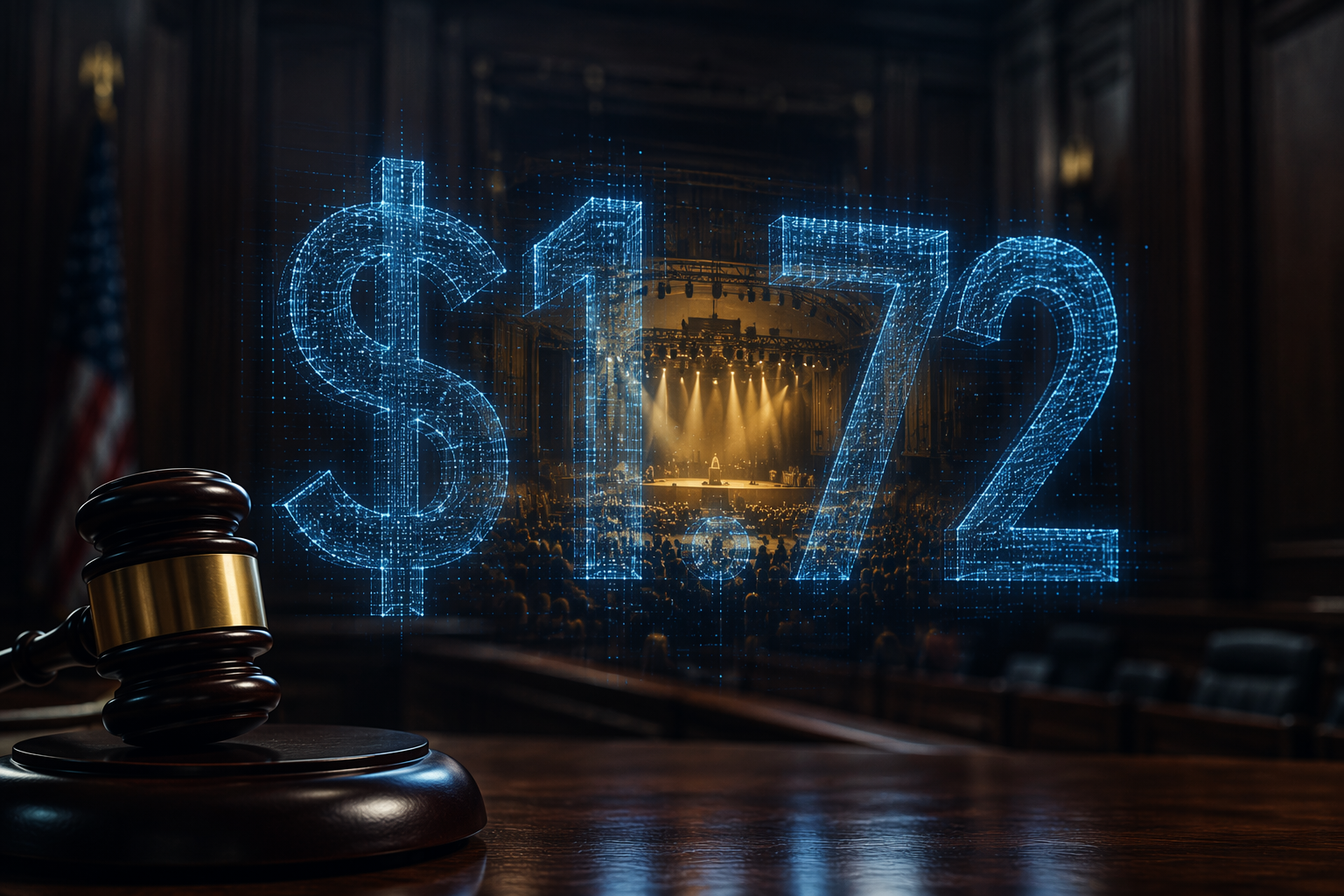 Courtroom gavel with a translucent $1.72 figure over concert venue imagery