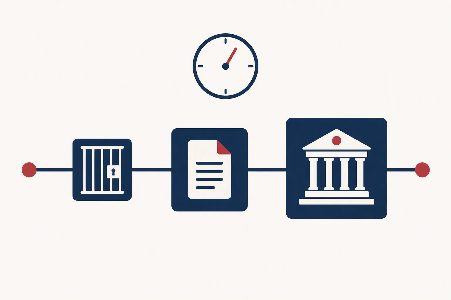 Timeline blocks showing custody, charging document, and courthouse stages with a clock