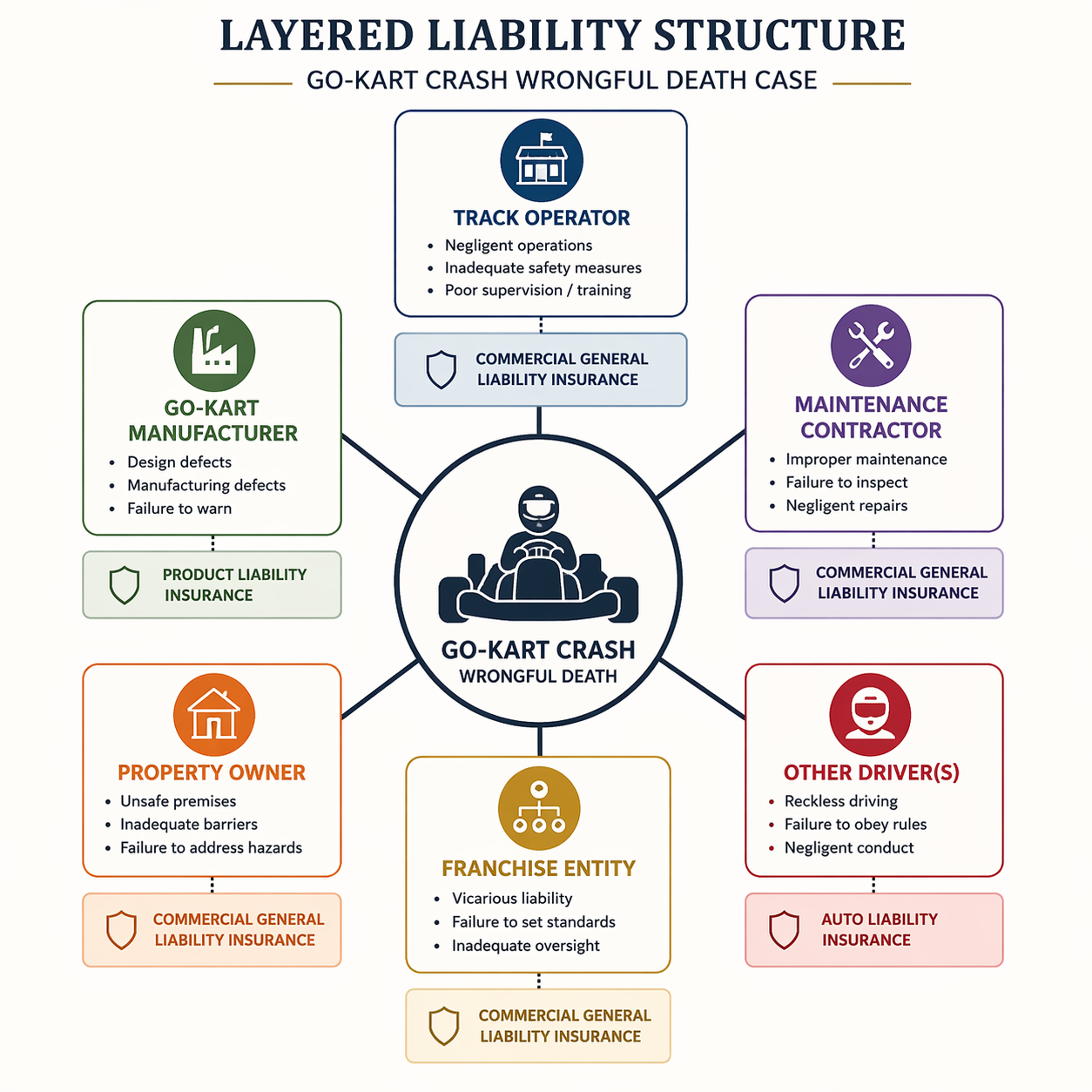 Diagram connecting a go-kart to possible defendants including the operator, manufacturer, maintenance contractor, property owner, other drivers, and franchise entity