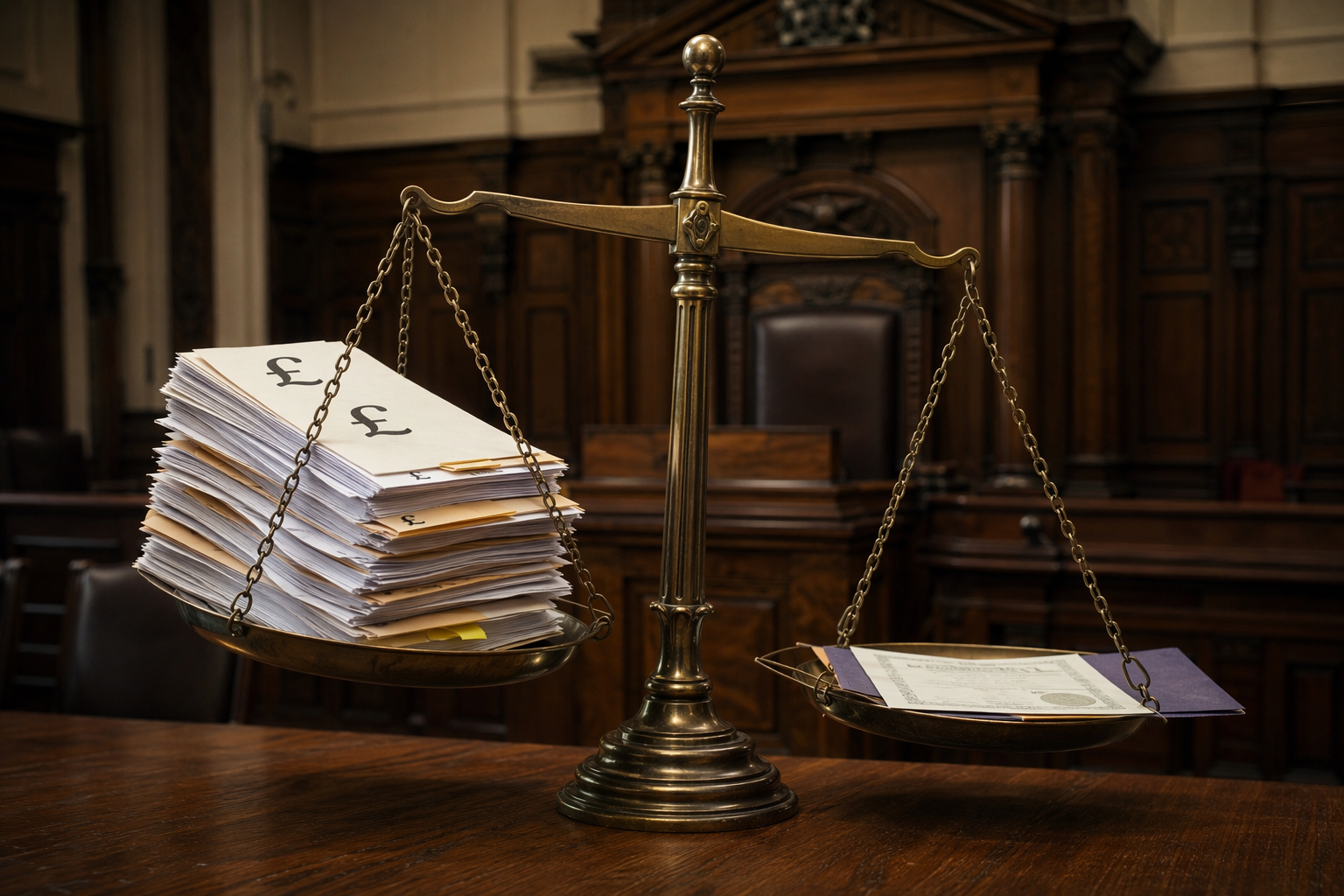 A dimly lit British courtroom with legal cost documents outweighing a thin insurance policy folder on a balance scale