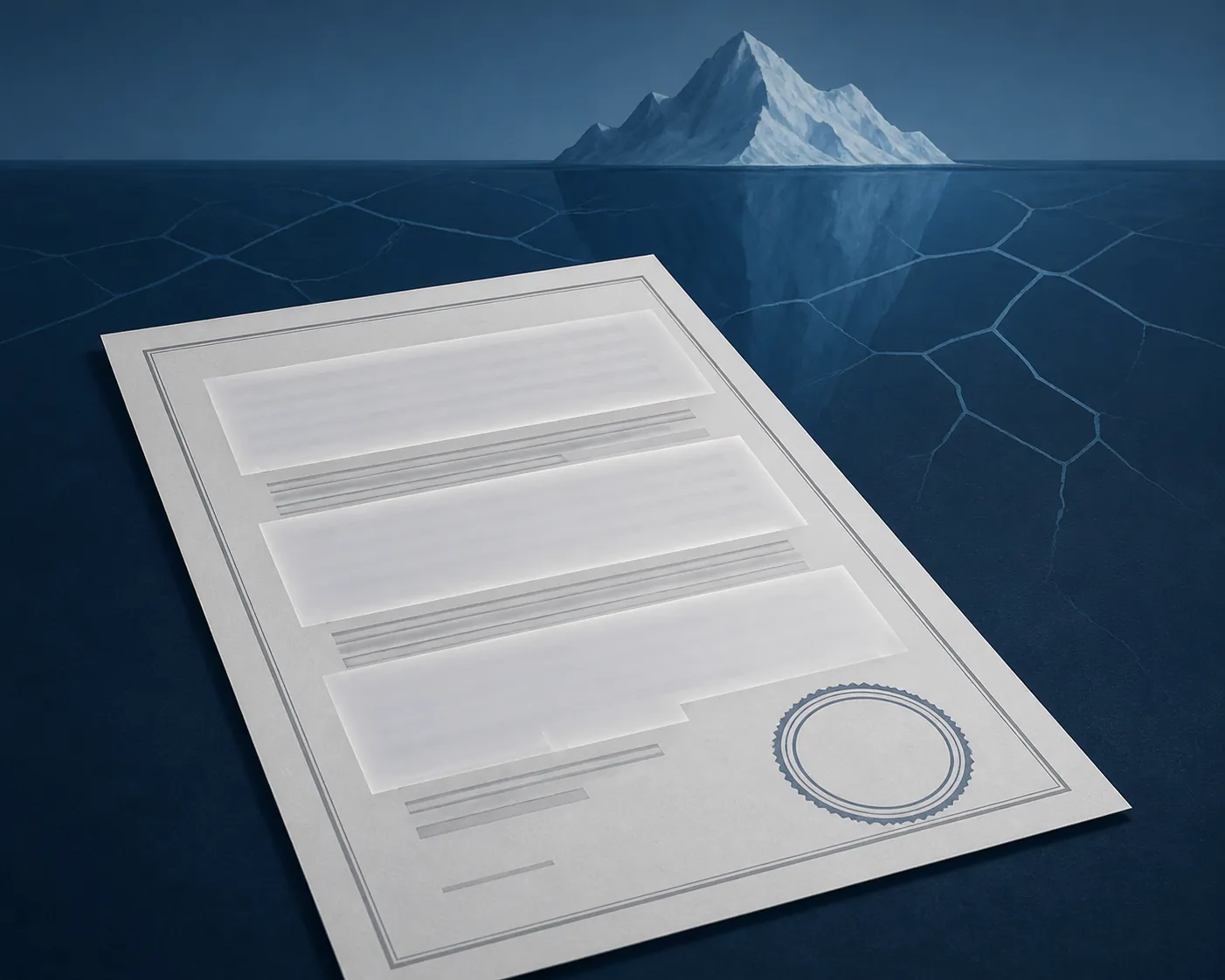 Redacted government contract document with an iceberg silhouette in the background