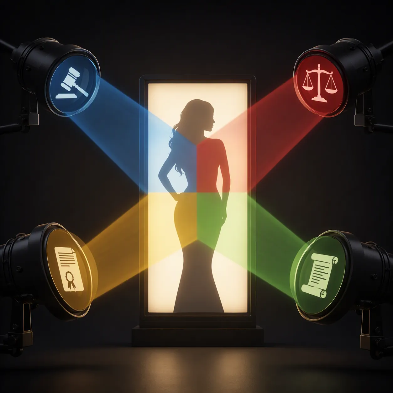 Advertisement panel with a stylized celebrity silhouette filtered through four legal lenses