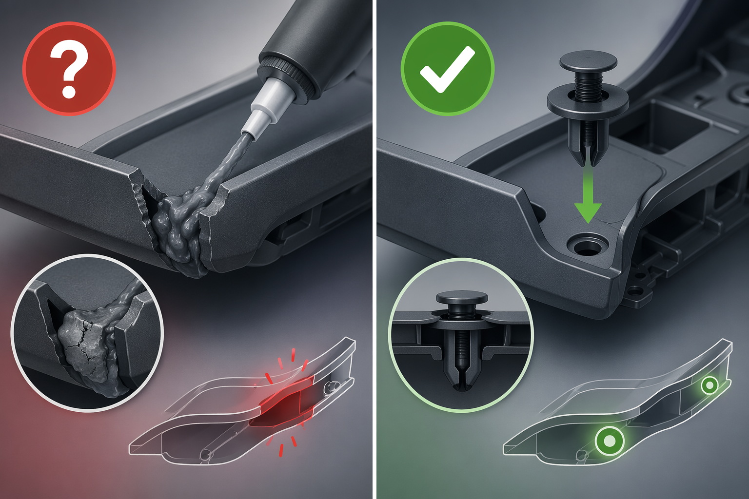 Comparison of epoxy adhesive repair and mechanical push-pin fastener repair for vehicle trim