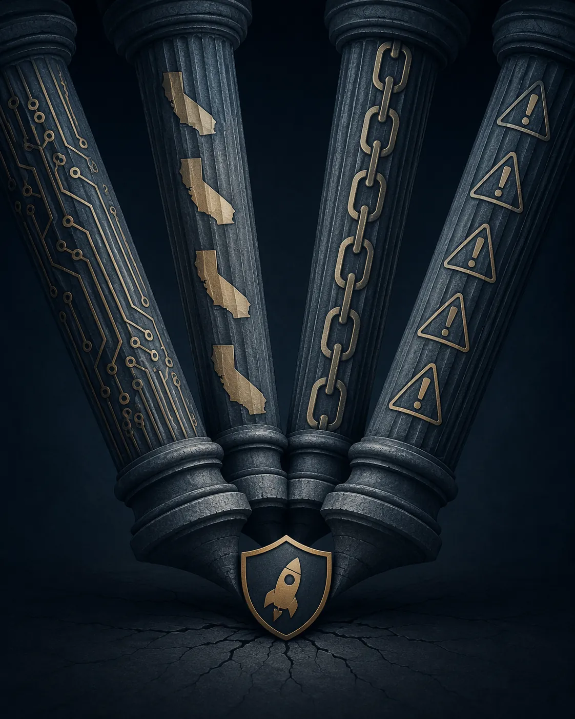 Four abstract legal pillars converging onto a shield icon