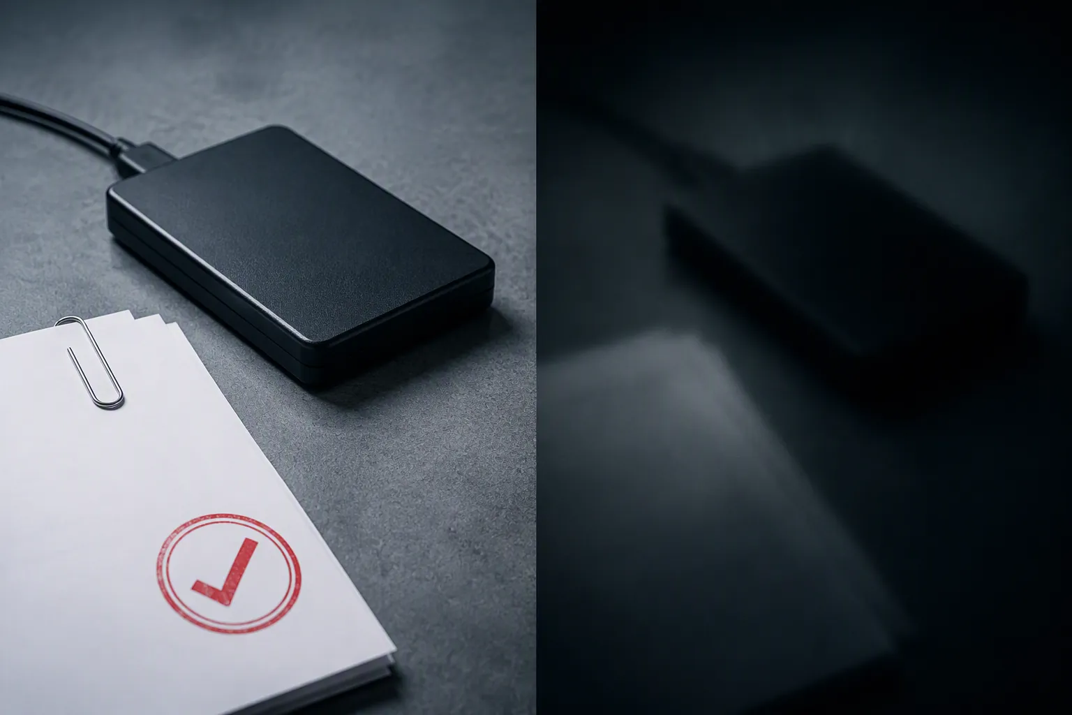 Split view of a verified hard drive record on one side and an unproven shadowed claim on the other