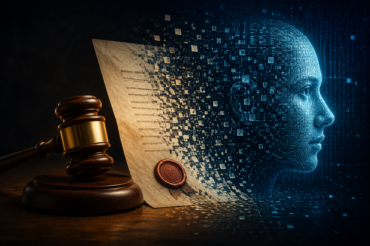 A judge's gavel, dissolving document, and digital face representing traditional forgery law and AI-generated political deception