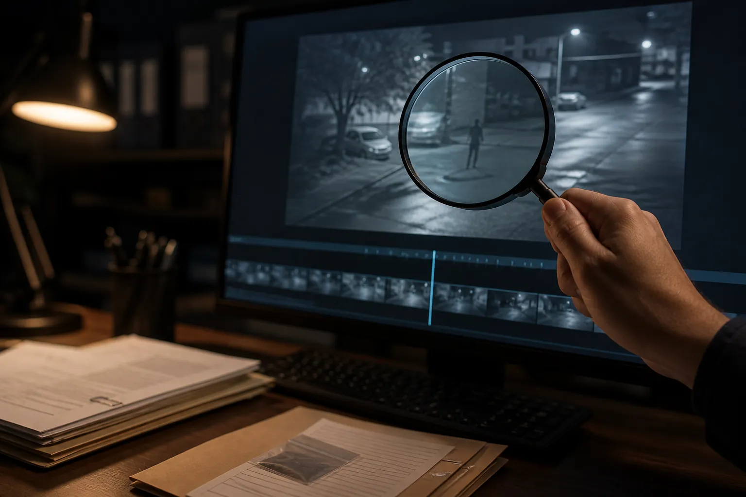 Forensic video review workspace with a magnifying glass over a paused video frame and case files on a desk