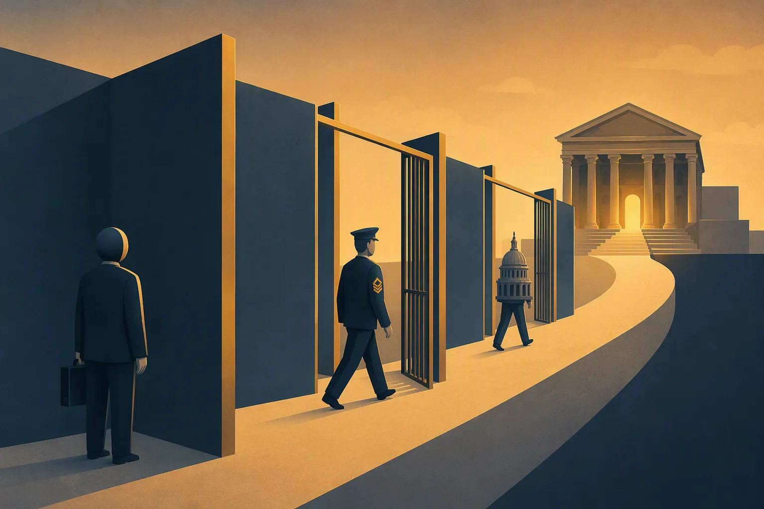 A legislator stopped at a litigation barrier while a service member and state-capitol figure pass through an open gate toward a courthouse