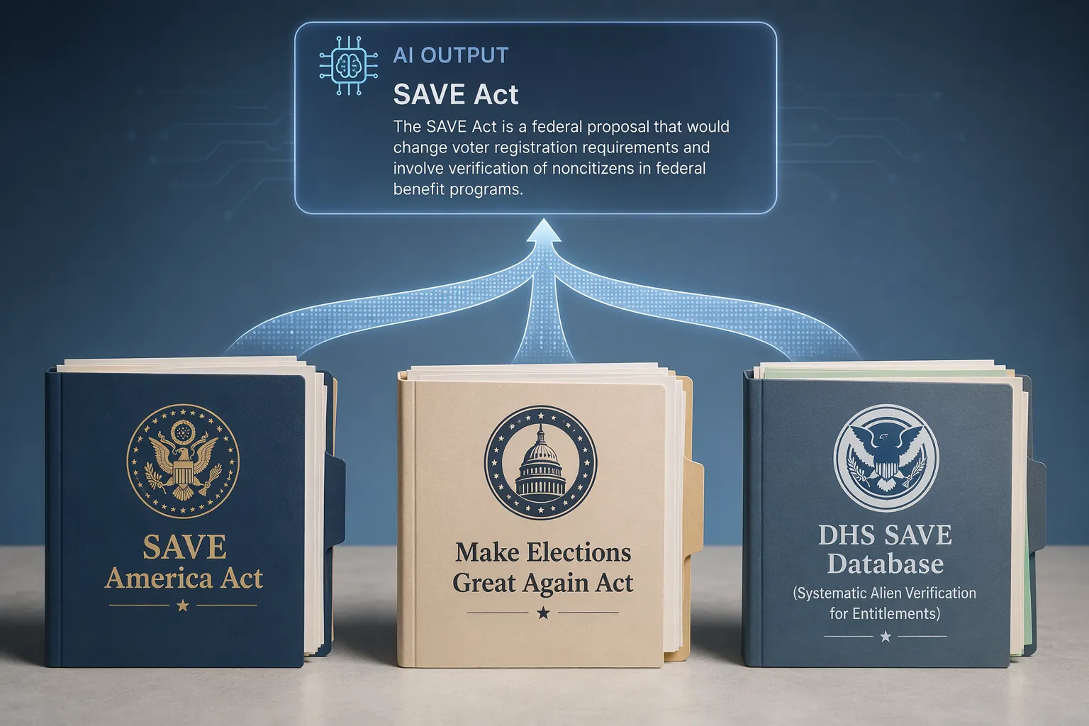 Folders for the SAVE America Act, the Make Elections Great Again Act, and the DHS SAVE database feeding into one AI output box