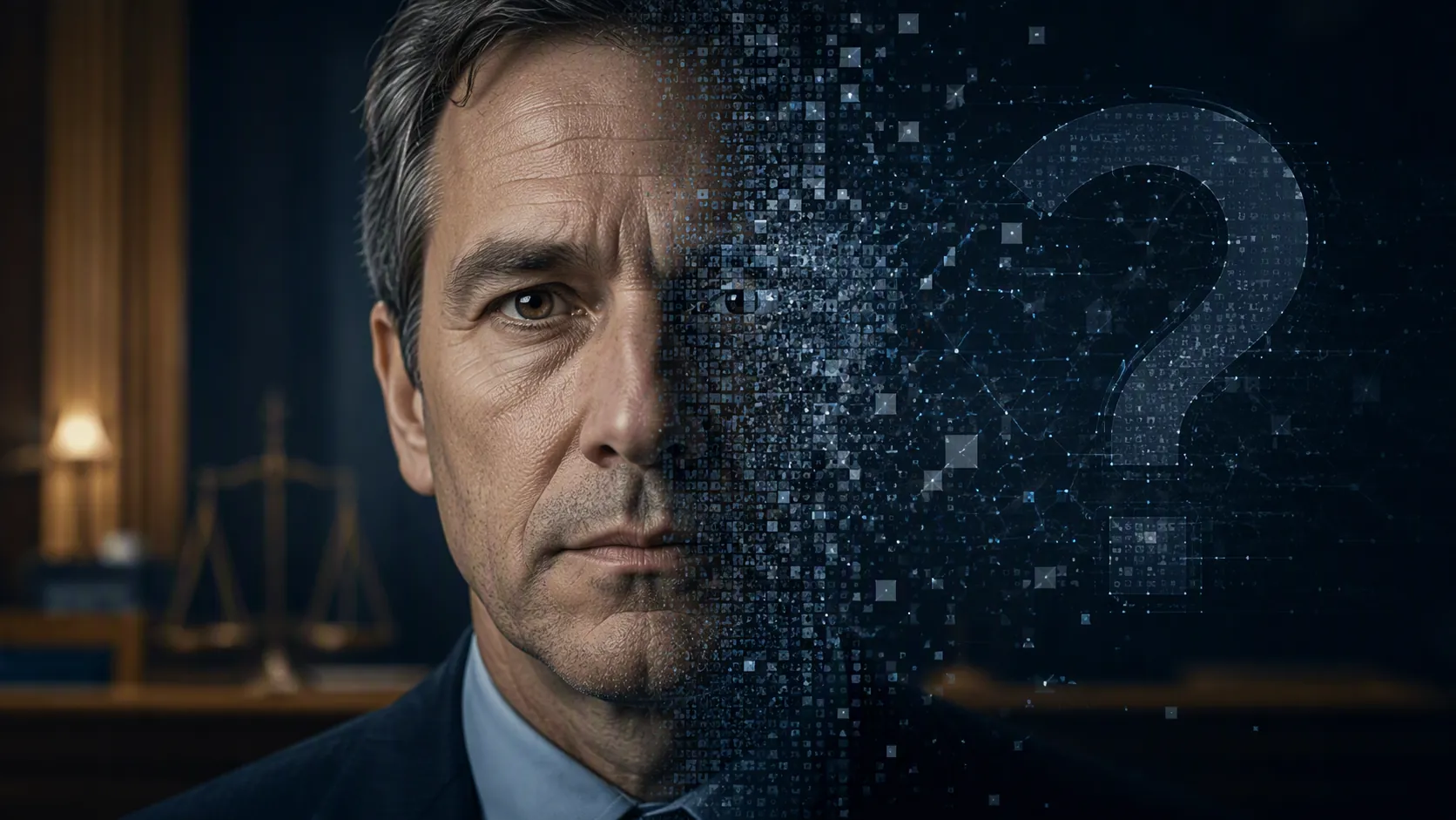 A realistic portrait dissolving into pixels under a translucent question mark, suggesting uncertainty about AI age-progressed imagery
